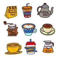 Patchs thermocollants en tissu polyester style rétro, brodés, motifs café et tasses à café, accessoires pour vêtements, vente en gros