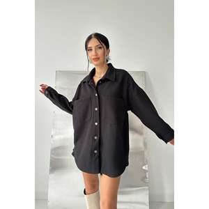 Camisa Negra de Punto con Botones para Mujer, Estilo Casual para Uso Diario, Diseño con Abertura Lateral, Manga Larga, Blusa Holgada - Product Image 4