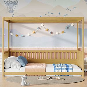 Lit à baldaquin en bois massif avec barrières de sécurité, structure assemblable en pin couleur blé pour enfants, adultes et personnes âgées - Product Image 2