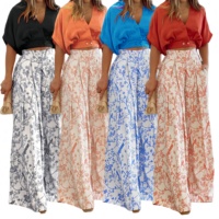 Setelan pakaian wanita dua potong, setelan baju Crop berkancing setengah lengan + celana kaki lebar motif, Set pakaian musim semi dan panas