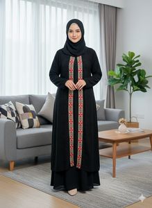 Robe Abaya noire brodée pour femmes, manches longues, longueur au sol, vêtements islamiques modestes, tenue quotidienne, style Moyen-Orient, polyester - Product Image 3