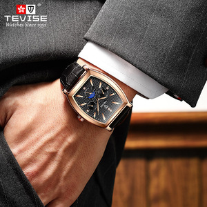 Montres pour hommes, cadran ajouré, forme tonneau, bracelet en cuir véritable, tourbillon automatique mécanique, modèle 8383D - Product Image 5