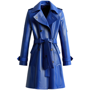 Manteau en cuir véritable bleu roi, long, respirant, écologique, élégant, doux, avec ceinture, col rabattu, sur mesure, style trench. - Product Image 1