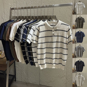 Polo de golf décontracté léger en maille, T-shirt rayé tricoté pour hommes, Pull à manches courtes en maille, Fabricants de tricots - Product Image 1