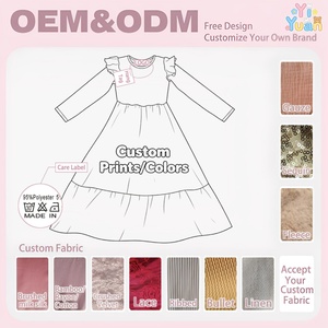 Abito per Bambine OEM, Vestito Casual a Maniche Lunghe in Tinta Unita, Abito Maxi in Cotone con Spalle Arricciate e Tasche - Product Image 2