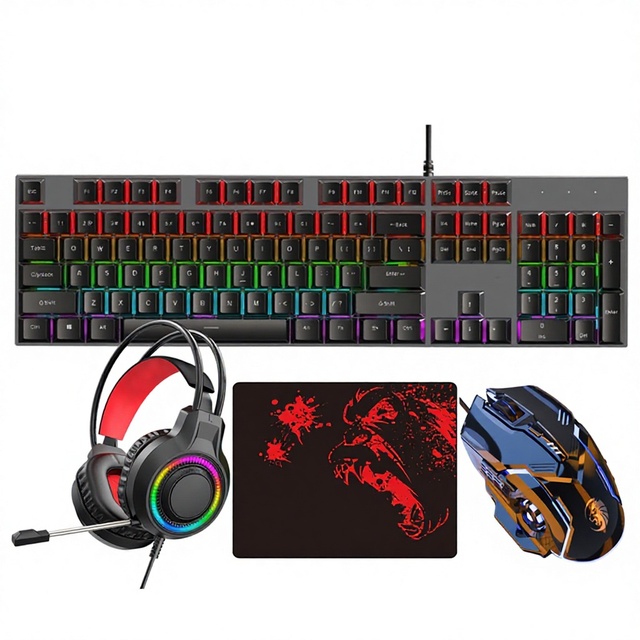 4-in-1 Set 104-Key Blue-Switch Mechanical Keyboard Mouse Headset Mouse Pad USB Wired 1600 DPI Illuminated Office