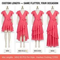 Fabricants de vêtements, services OEM/ODM, services personnalisés, robe décontractée à col en V, manches courtes, taille nouée, volants, style enveloppant