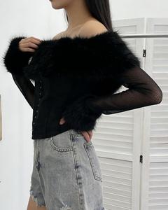 Znoe <span class=keywords><strong>Mao</strong></span> T-shirt à manches longues pour femme, <span class=keywords><strong>col</strong></span> mandarin, empiècements en maille aux épaules, coupe ajustée, style court et mignon, avec ceinture style 'Spice' - Product Image 3