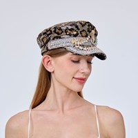 Casquette de Capitaine Unisexe en Peluche à Paillettes Noires et Dorées à Carreaux, avec Serpent en Strass et Pointes, pour Fêtes Rave, Plage et Extérieur, Vente en Gros, MOQ 3