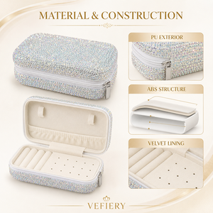 Boîte à bijoux en cuir PU ornée de strass, doublure en velours, fermeture éclair, emplacements pour bagues, boucles pour colliers - Étui à bijoux portable de luxe et durable - Product Image 6