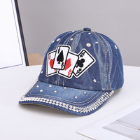 Casquette de baseball en denim à 6 panneaux, double couture contrastante, avec broderie appliquée Four Ace, vente en gros, personnalisable, fournisseur OEM en gros, fabricant