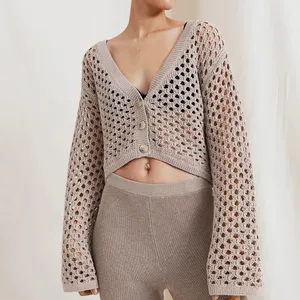 2023 Factory Direct Brand Custom Women Knit Beige Cutout Cardigan Crochet Cotton Acrylic Cutout Cardigan Sweater