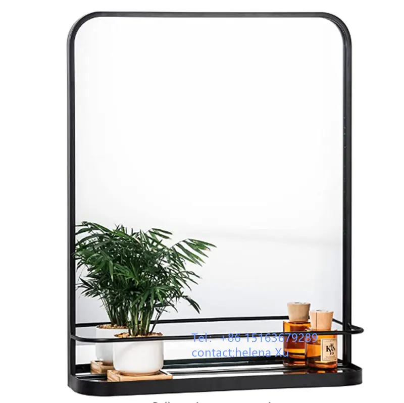 Luxury Black Color Metal Frame Shelf Mirror 26.8 x 21.3 inch Wall Mirror with rack For Bathroom