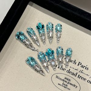 Faux ongles de luxe français à couverture complète, motif bleu scintillant sous-marin, infusés de diamants, en ABS, à presser, portables - Product Image 2