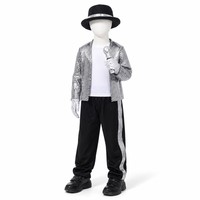 Veste à paillettes argentées pour enfants, costume de spectacle sur scène, chapeau Fedora, gants, pantalon, tenue de spectacle de danse