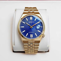Jam Tangan Mekanik Pria CIT Stainless Steel Warna Emas, Logo Custom, Kalender Sederhana, Dial Biru, Tahan Air, Promo Hot Sale