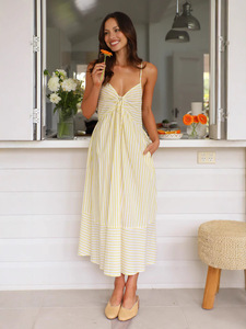 Vestido de satén informal de <span class=keywords><strong>verano</strong></span> para mujer, estilo High Street, con cuello en V, recortes, antiestático, largo hasta el suelo, con patrón de rayas, tejido natural, para fiesta. - Product Image 6