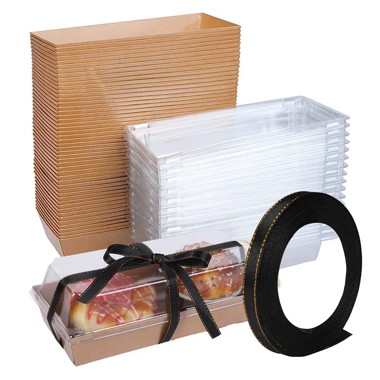 使い捨てスイスロールケーキコンテナ長方形寿司ワッフルクラフト紙サンドイッチボックス透明な蓋付き