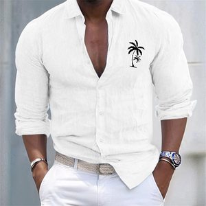 <span class=keywords><strong>Camicia</strong></span> Premium da <span class=keywords><strong>Uomo</strong></span> in <span class=keywords><strong>Lino</strong></span> Azzurro con Stampa Palme, Maniche Lunghe, Casual da Spiaggia per Vacanze e Uso Quotidiano - Product Image 2