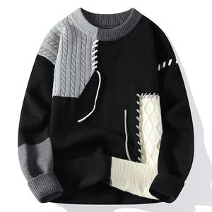 Pull classique à col rond et blocs de couleur pour homme, sweat-shirt pour homme avec logo sur le devant, pull en tricot pour homme - Product Image 3