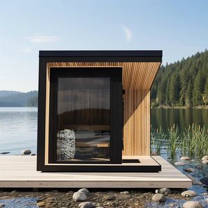 La moderna sauna de madera Serene en los Alpes presenta un diseño ecológico con una vista panorámica de los bosques. - Product Image 4