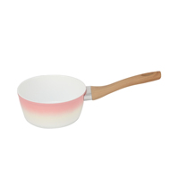 Ensemble de 7 ustensiles de cuisine antiadhésifs dégradé rose avec poignées effet bois, comprenant casseroles, poêles et marmites en aluminium