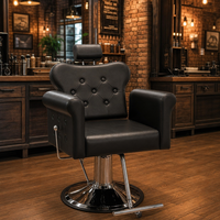 Fauteuil de Barbier Hydraulique Moderne en Cuir PU Noir avec Boutons Capitonnés, Appui-tête Réglable, Base Chromée, Hauteur Ajustable