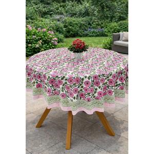 Nappe ronde en coton imprimée à la main avec motifs floraux roses – Housse élégante pour table de jardin et de salle à manger - Product Image 1