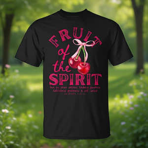 T-shirt chrétien Fruit Of The Spirit, design cerises et nœud rose, noir - Product Image 3