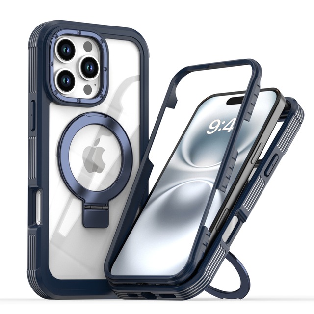 For Iphone 16 Pro Max Double Layer Clear Strong Magnetic Kickstand Phone Case Transparent Shockproof Phone Cover