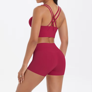High Quality Women's 2 Piece Yoga Set Cross Back Sports <b>Bra</b> High Waist Shorts Shockproof Breathable Fitness Wear Gym Outfits - Product Image 5
