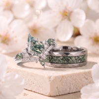 Bagues de couple en argent sterling avec diamants sel et poivre, ensemble de fiançailles pour lui et pour elle avec bague de fiançailles taille cerf-volant et bague pour homme en tungstène