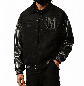 Chaqueta Varsity Negra de Lana para Hombre, Estilo Urbano, Bordada, <span class=keywords><strong>con</strong></span> Mangas de Cuero Sintético, Estilo Hip Hop Gótico, Oversize - Product Image 1