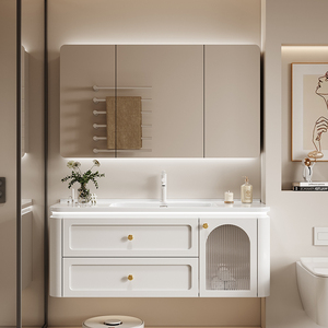 Ensemble de meubles de salle de bain modernes sur mesure avec vasque, miroir, armoire murale en panneau mélaminé résistant à l'eau pour hôtel et appartement - Product Image 1
