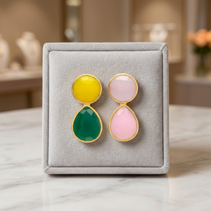 Pendientes de latón hechos a mano con gemas, chapados en rodio, diseño étnico bohemio. - Product Image 2