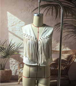 Wholesale New Western Cowgirl Faux Suede Sleeveless Vest Metal Rivet Fringe Open Front Slim Vintage Ethnic Layering <strong>Waistcoat</strong> - Product Image 2