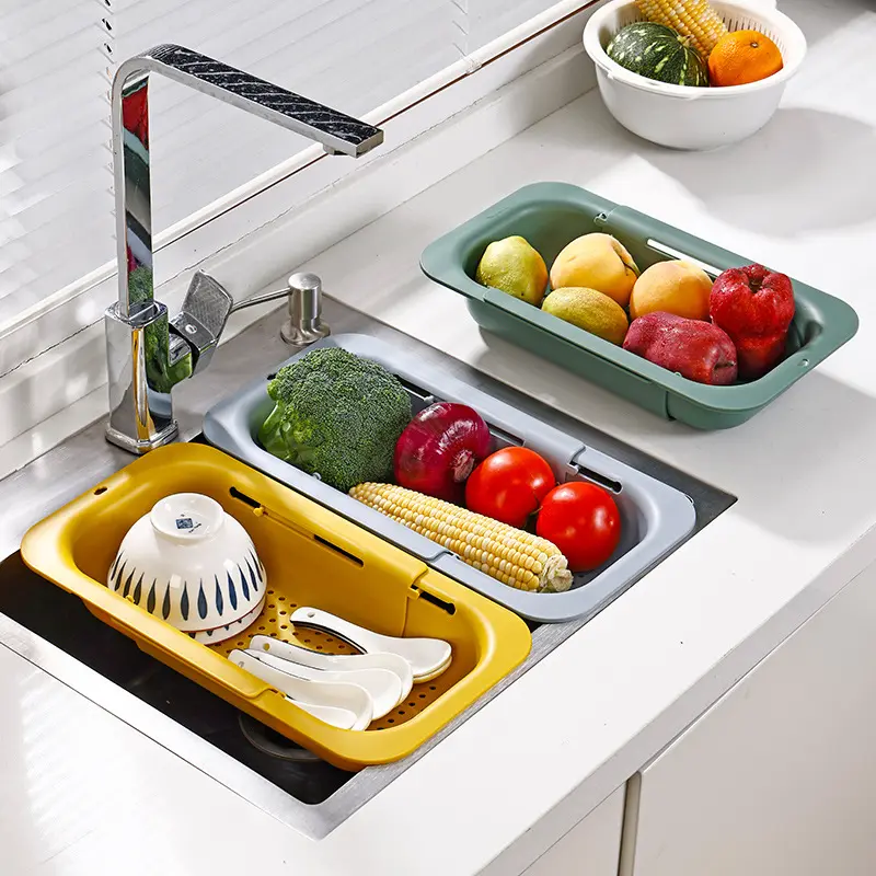 Retractable Kitchen Sink Drain Basket Multi-functional Fruit and Vegetable Washing Basket Plastic Dish Drain Rack