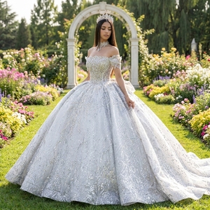 Xs294 Silver Modern Quinceanera Ball Gown Crystal Beaded Corset Glitter Tulle Skirt <b>Big</b> <b>Bow</b> Boutique Sweet 15 Party for - Product Image 1