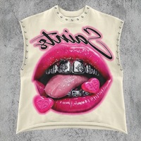 ZHEZHE Personnalisation Vêtements Femme Européens et Américains Gilet Décontracté Rétro Imprimé Lèvres avec Rivets Style Chic Sexy T-shirts Femme Col Rond