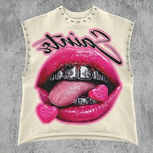 ZHEZHE Personnalisation Vêtements Femme Européens et Américains <span class=keywords><strong>Gilet</strong></span> Décontracté Rétro Imprimé Lèvres avec Rivets Style Chic Sexy T-shirts Femme Col Rond - Product Image 1