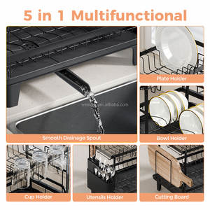 WIREKING Égouttoir à vaisselle pliable à 2 niveaux pour évier avec support pour planche à découper et porte-ustensiles - Product Image 4