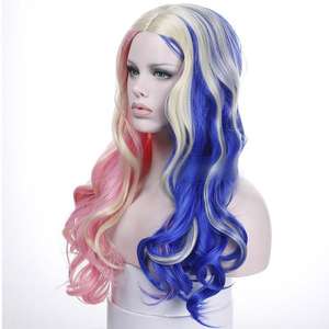 Perruque longue bouclée rose et bleue avec frange latérale, ligne de cheveux naturelle, perruque synthétique complète en fibre Kanekalon pour cosplay - Product Image 4