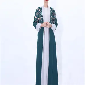 Cross Border Women Dubai Muslim Dress Turkey Dresses Summer Black Floral Embroidered Open Modest Abaya Islamic Clothing Women