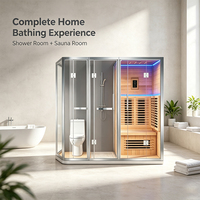 Porte de sauna sans cadre en bois massif avec douche intégrée, construction en bois massif, design moderne, panneau de commande informatisé