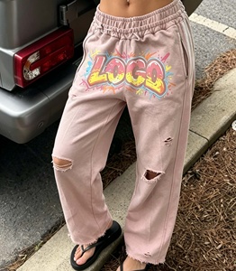 Custom 100% Cotton Heavyweight Vintage Acid Wash Pants Distressed Raw Hem Oversized Stacked Baggy Sweatpants - Product Image 1