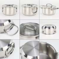 Set Peralatan Masak AXA Memiliki Desain yang Stylish dan Dapat Ditumpuk dalam Bahan Stainless Steel dengan Tiga Panci dalam Berbagai Ukuran dan Tutup yang Serasi dari Kaca