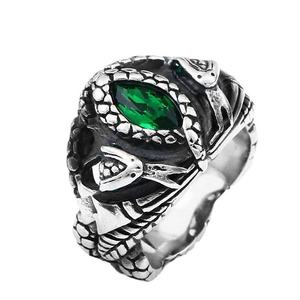 Anillo de Acero Inoxidable 316 con Serpiente Doble y Piedra Natural para Hombre, Tono Plata Antiguo, Tallado de Escamas, Estilo Atrevido Oscuro Rebelde Biker Punk para Uso Diario - Product Image 5