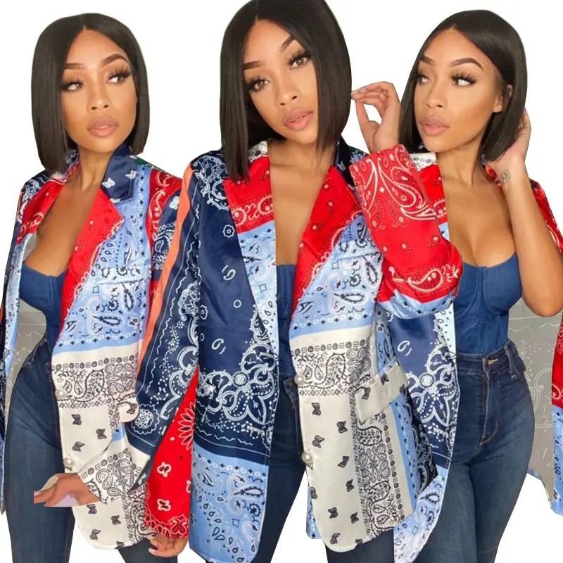 Bandana Paisley Print Women Blazer Autumn Long Sleeve Turn Down Collar Single Breasted Office Lady Bodycon Vintage Blazer XXL