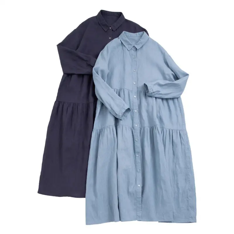 New Comfortable Cotton Linen Cardigan Fashion Lapel Women Clothes Long Sleeved Loose Dress