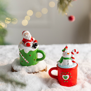 Resin Christmas Mug Figurine Set Santa Claus Snowman <b>Hand</b> Painted Tabletop Decor Novelty Holiday <b>Ornament</b> Cup Decoration - Product Image 1
